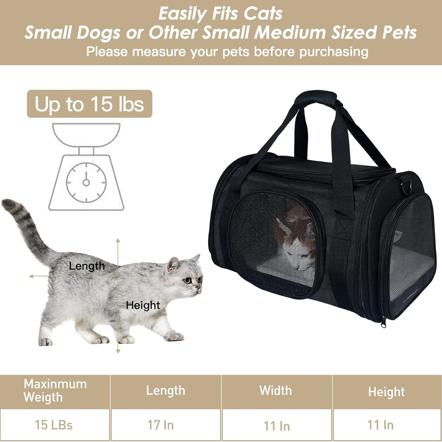 Cat Carrier Airline Approved, Pet Carrier for Small Dog Cats, 5 Ventilation Mesh, 4 Doors, Double Safety Zipper, Foldable Fabric