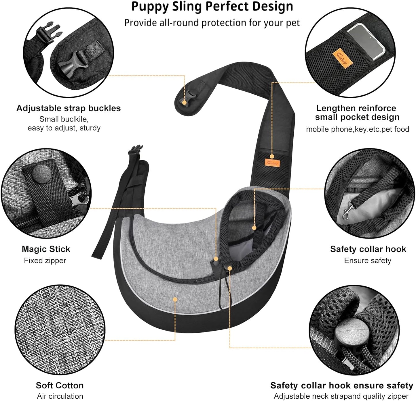 Pet Sling Carrier for Small Dogs Cats,Drawstring & Zipper Security Hook Triple Designs for Pets' Securty Dog Bag,Breathable Travel Pet Puppy Sling Carrier with Adjustable Strap(L (9.5-13.5 Lbs))
