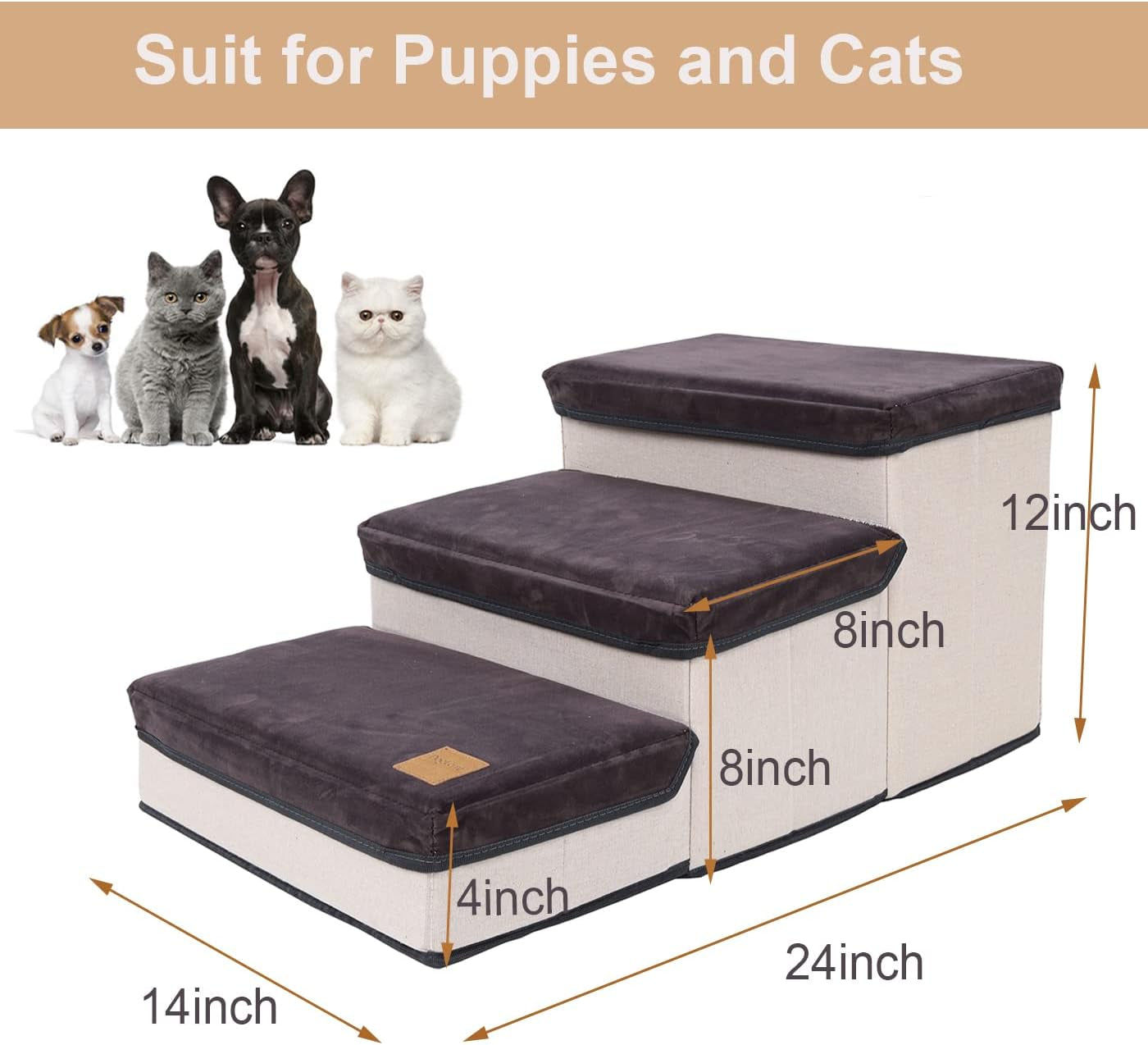 Dog Stairs Steps, Foldable Pet Stairs Dog Steps for High Beds, 3-Layer Pet Storage Stepper Pet Steps for Small Dogs Cats (Dark Grey)