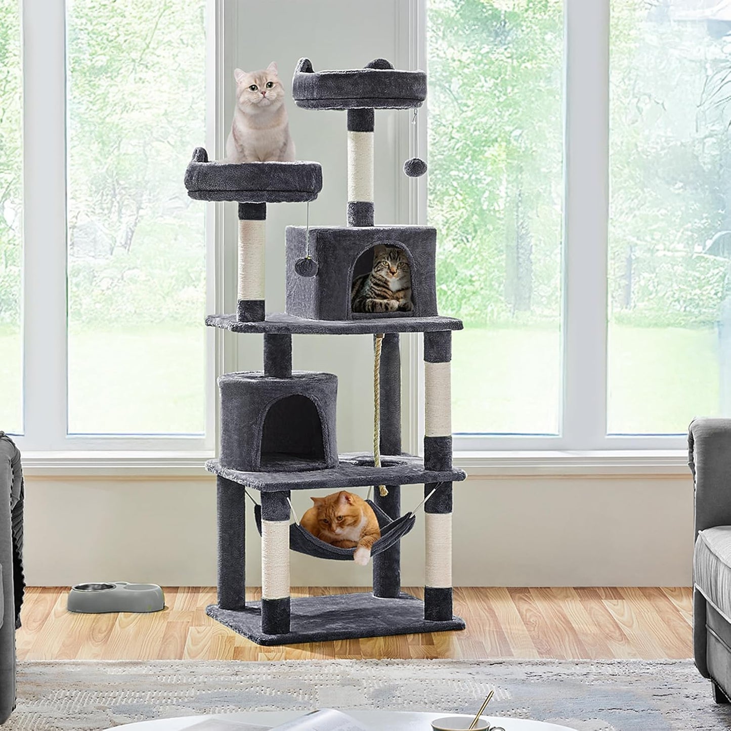 62.5Inches Cat Tree Cat Tower Cat Condo with Platform & Hammock, Scratching Posts for Kittens Pet Play House with Plush Perch for Indoor Activity Relaxing, Dark Gray