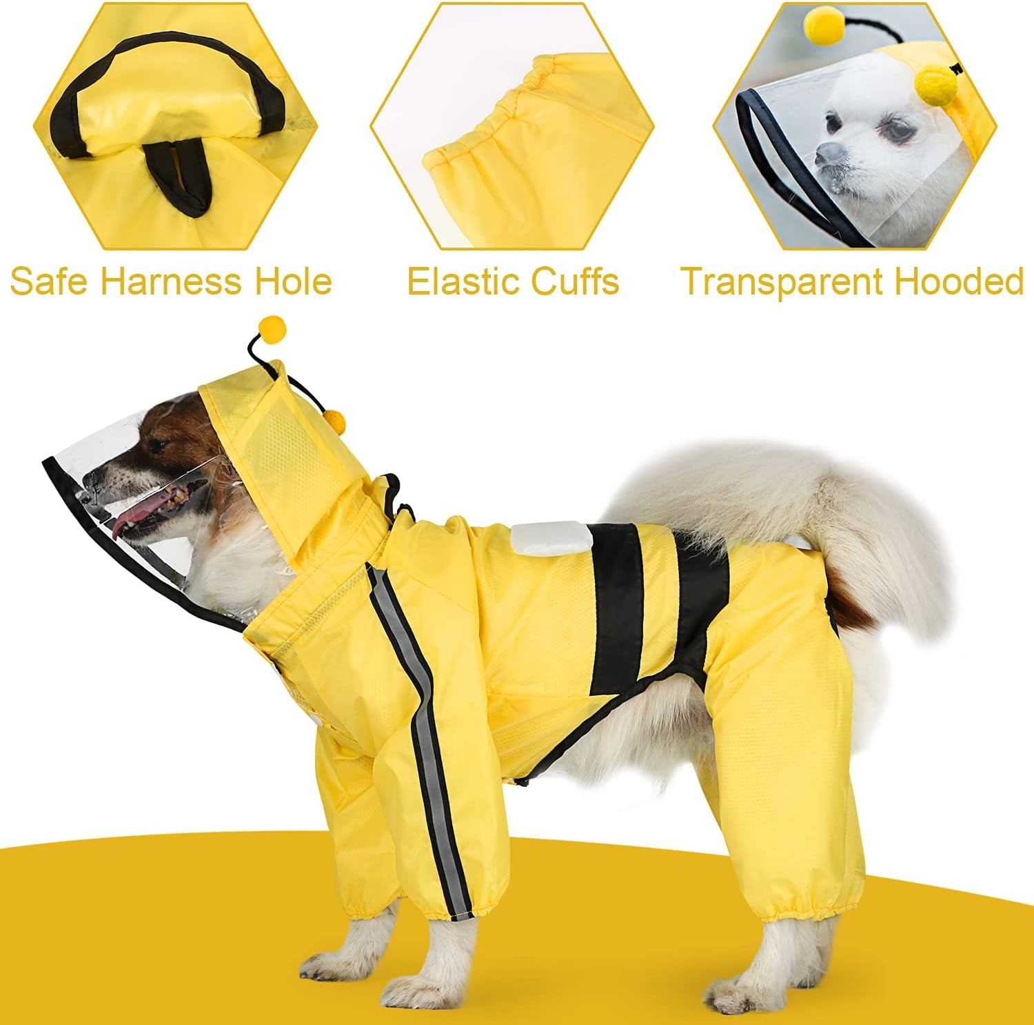 Dog Raincoat Waterproof Pets Rain Jacket Reflective Straps Rain Poncho Clothes with Leash Hole for Large Medium Small Puppy Dog Bee/M