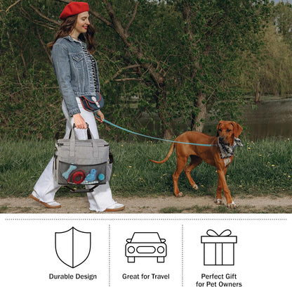 Dog Travel Bag - Cat and Dog Storage Organizer with Pockets, Mat, 2 Food Containers, and 2 Large Collapsible Travel Dog Bowls by  (Gray)