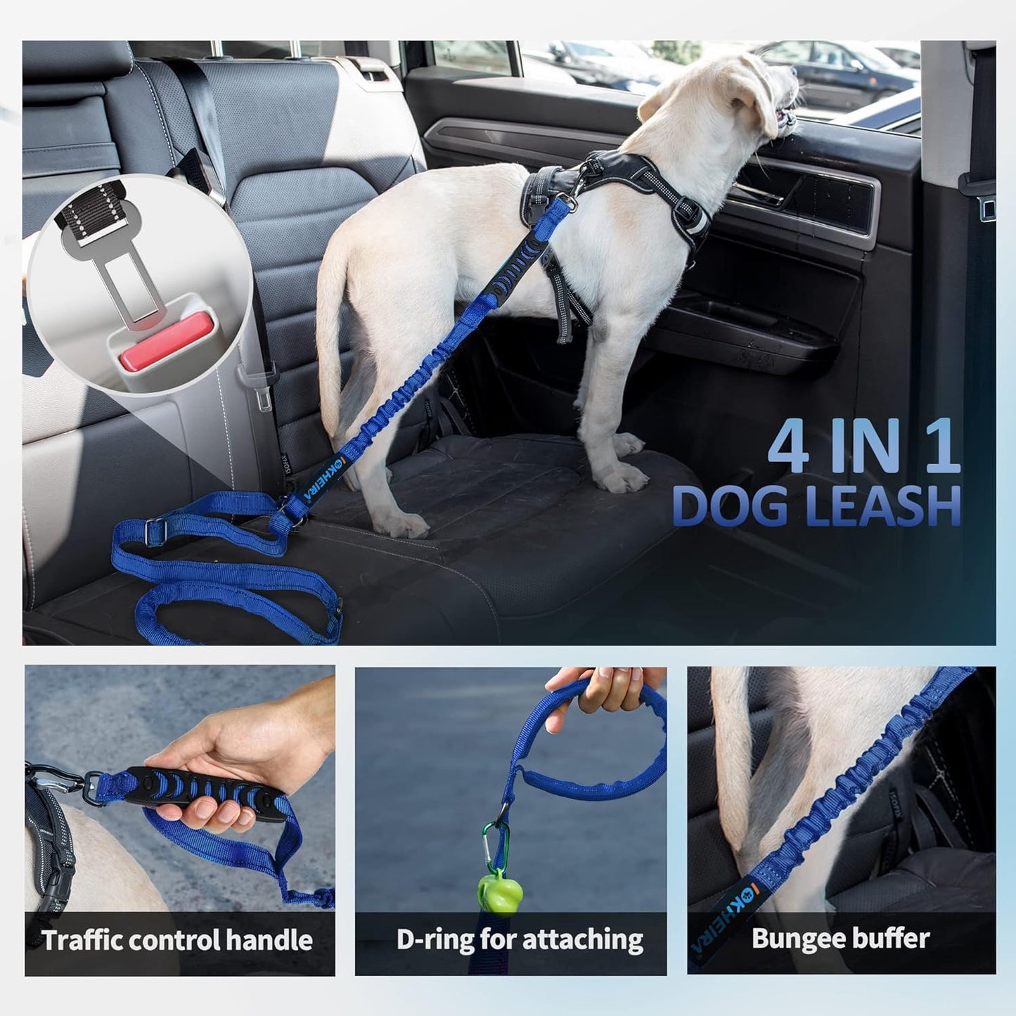 Multifunctional Dog Leash for Large & Medium Dogs, Adjustable with Car Seatbelt, 4-6 FT Strong Bungee (Blue)