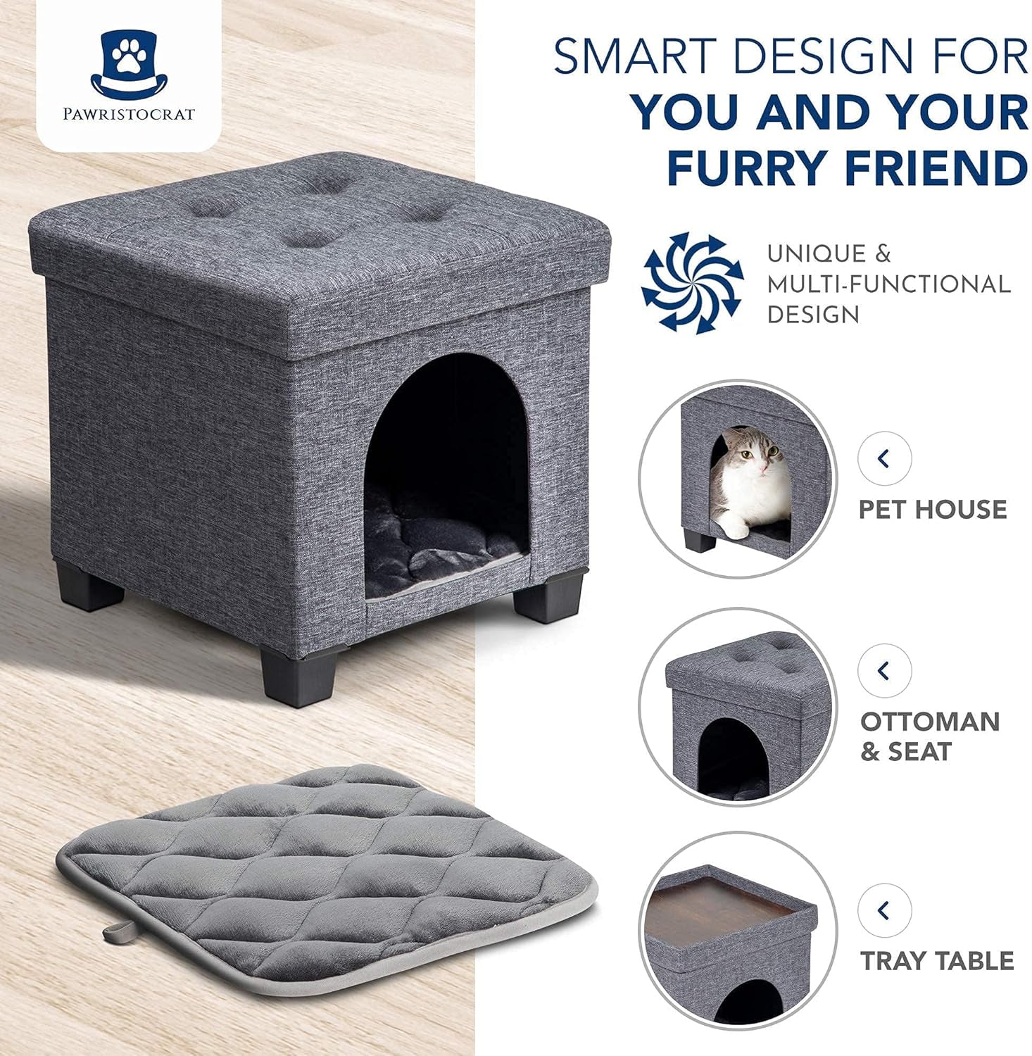 Cat Bed - Unique Pet House Ottoman with Tray Table - Folding Footrest Seat - Large Cat Cube Condo - Pet Beds for Cats and Small Dogs with Fully Washable Mat - Navy Cube 15.75X15.75