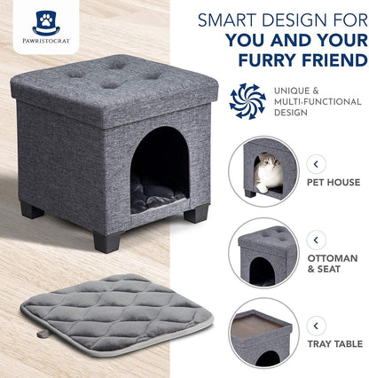 Cat Bed - Unique Pet House Ottoman with Tray Table - Folding Footrest Seat - Large Cat Cube Condo - Pet Beds for Cats and Small Dogs with Fully Washable Mat - Navy Cube 15.75X15.75