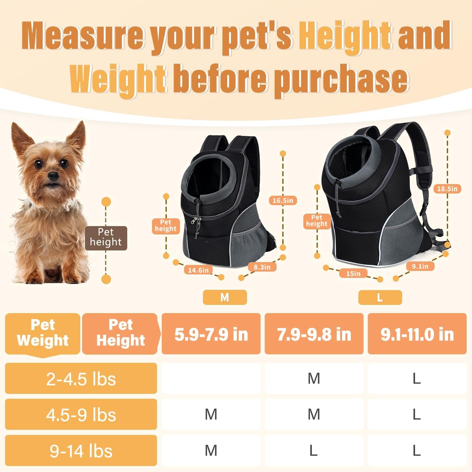 Dog Front Carrier Backpack, Adjustable Breathable Pet Carrier for Small Dogs, Ventilated Puppy Back Pack with Safety Belt, Lightweight Doggy Backpack for Hiking Outdoor (Black, M: 4.5-9 Lbs)