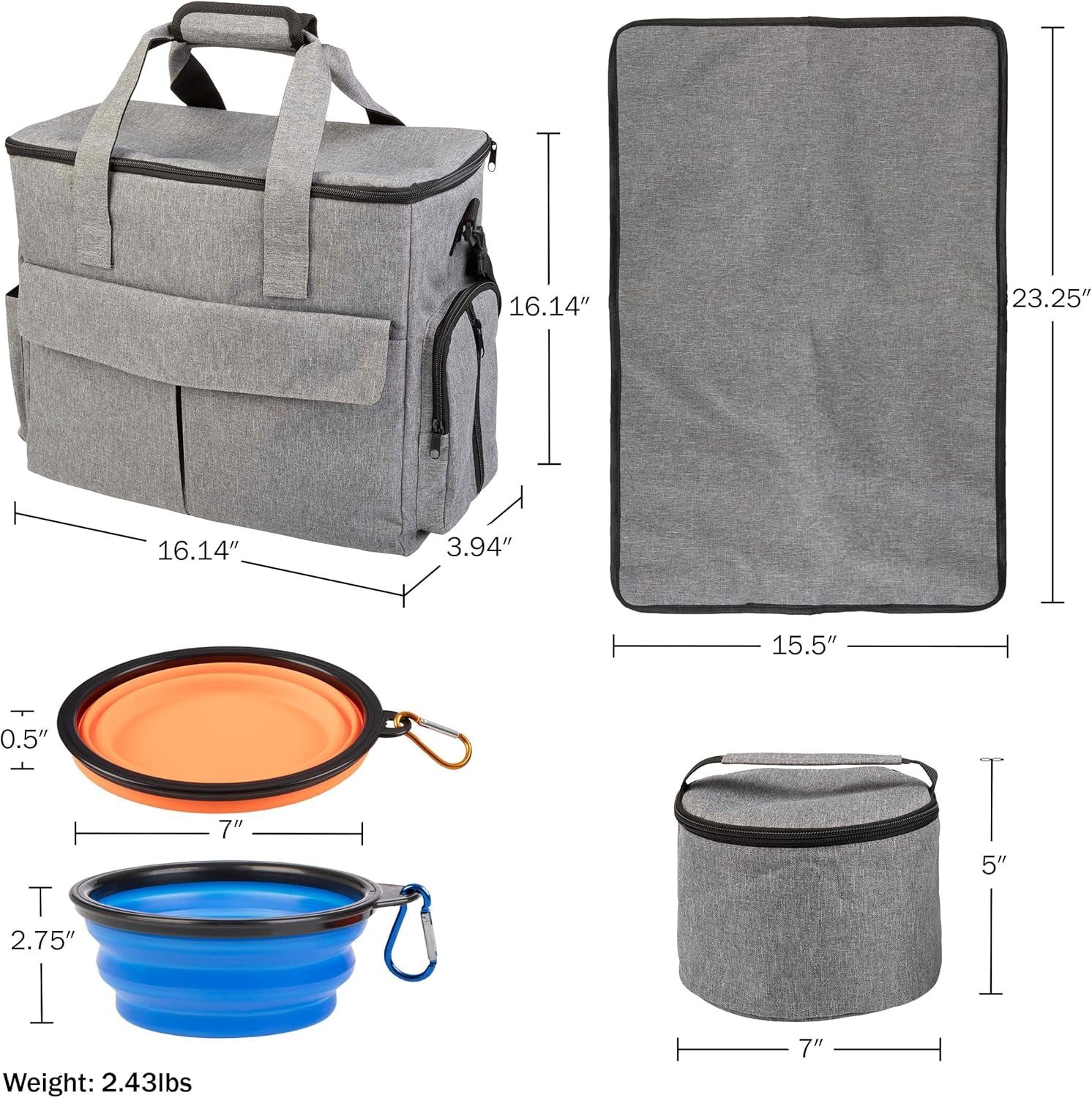 Dog Travel Bag - Cat and Dog Storage Organizer with Pockets, Mat, 2 Food Containers, and 2 Large Collapsible Travel Pet Bowls by  (Gray)