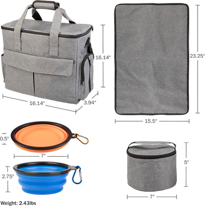 Dog Travel Bag - Cat and Dog Storage Organizer with Pockets, Mat, 2 Food Containers, and 2 Large Collapsible Travel Pet Bowls by  (Gray)