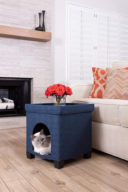 Cat Bed - Unique Pet House Ottoman with Tray Table - Folding Footrest Seat - Large Cat Cube Condo - Pet Beds for Cats and Small Dogs with Fully Washable Mat - Navy Cube 15.75X15.75