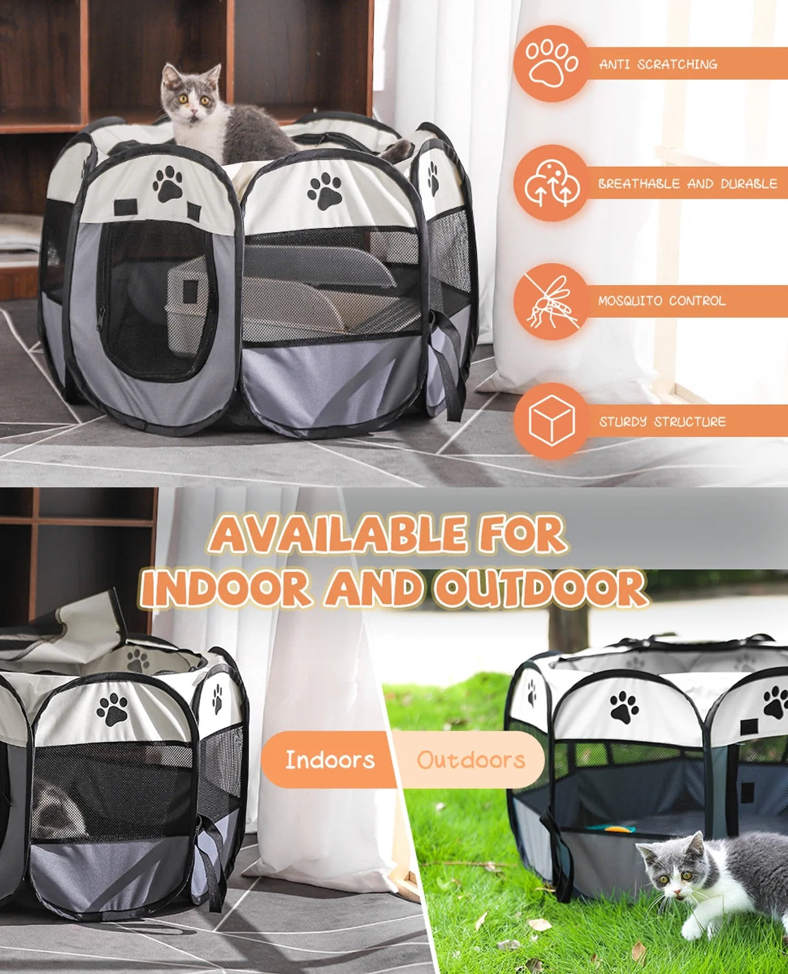 Large Cat Playpen Dog Playpen Cat Tent Puppy Playpen Indooor, Cat Cage Indoor with Mesh Outdoor Kitten Playpen for Indoor Cats Pen for Puppys Small Dogs,White & Gray