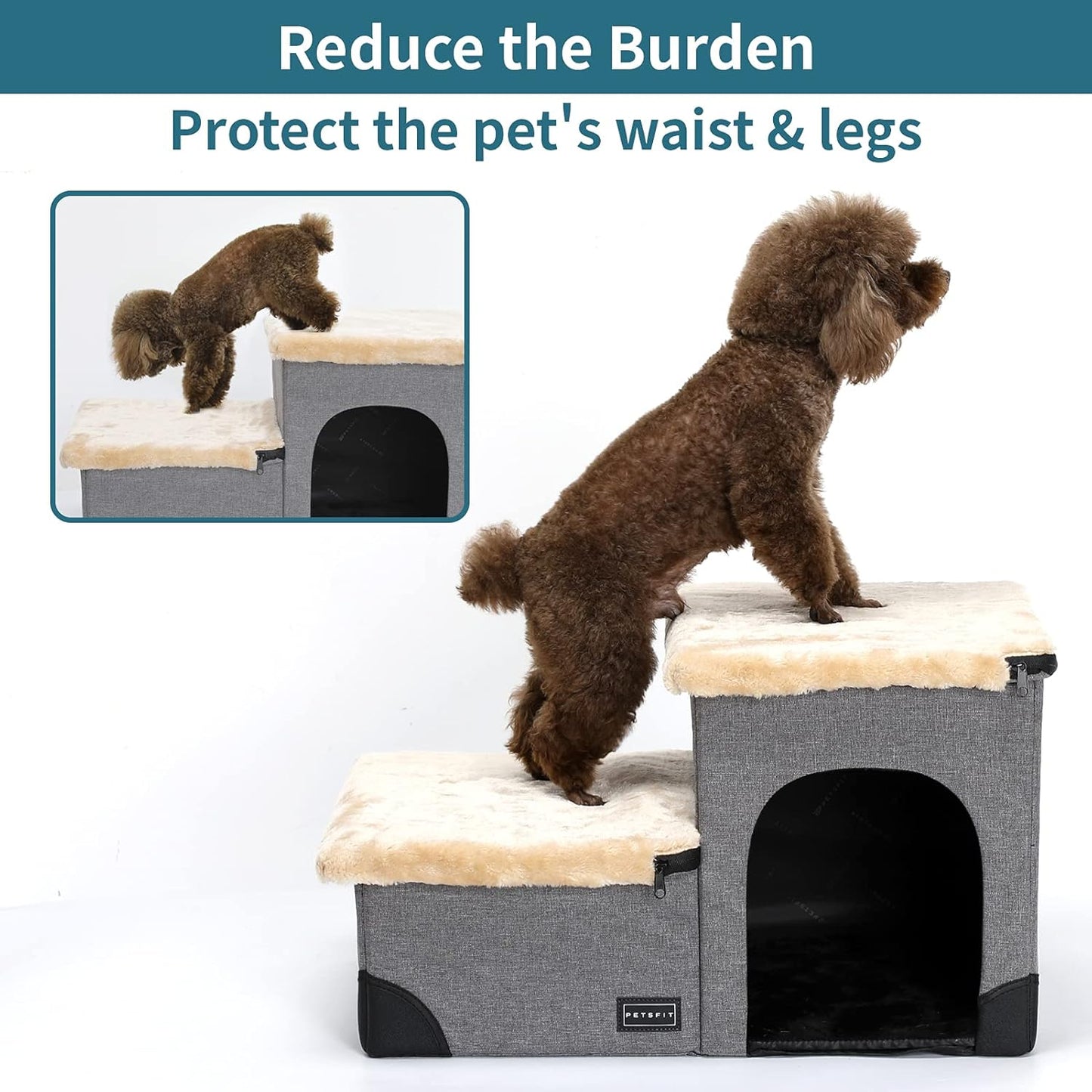 Cat Steps 3 in 1 Multi-Use with Storage Room, Dog Lounge Design, Washable and Removable Non-Slip Fleece Cover Dog Steps for Bed, Gray Linen