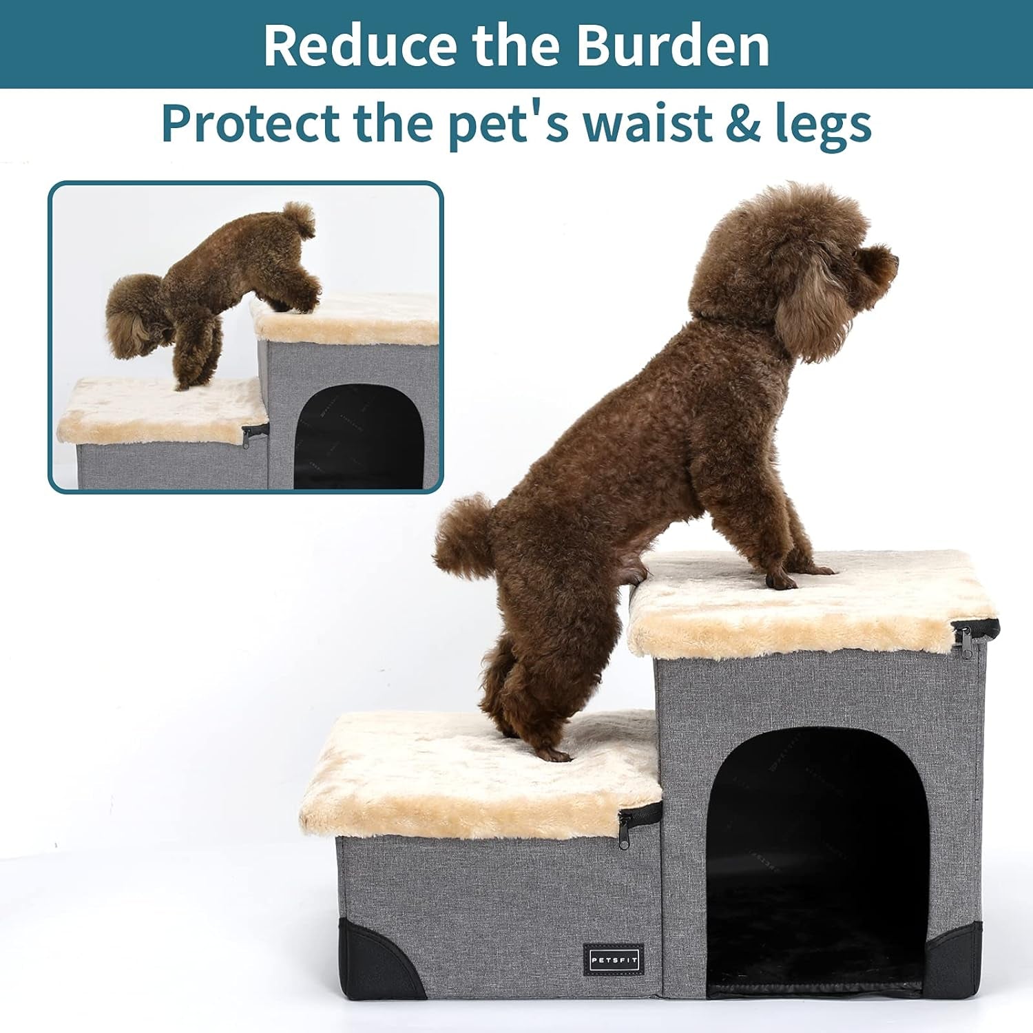Cat Steps 3 in 1 Multi-Use with Storage Room, Dog Lounge Design, Washable and Removable Non-Slip Fleece Cover Dog Steps for Bed, Gray Linen
