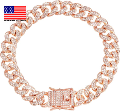 Dog Chain Cuban Diamond Link Rose Gold Pink Crystal Collar Jewelry Accessories P