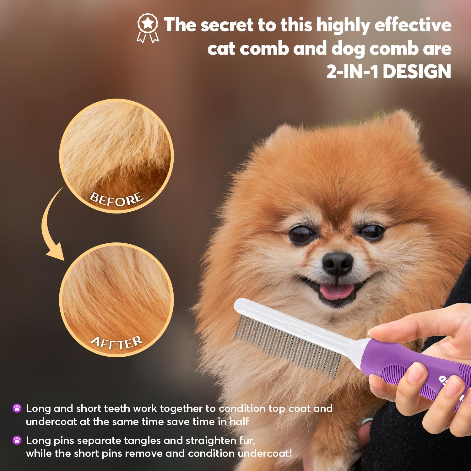 Detangling Pet Comb for Dogs & Cats with Long & Short Stainless Steel Metal Teet