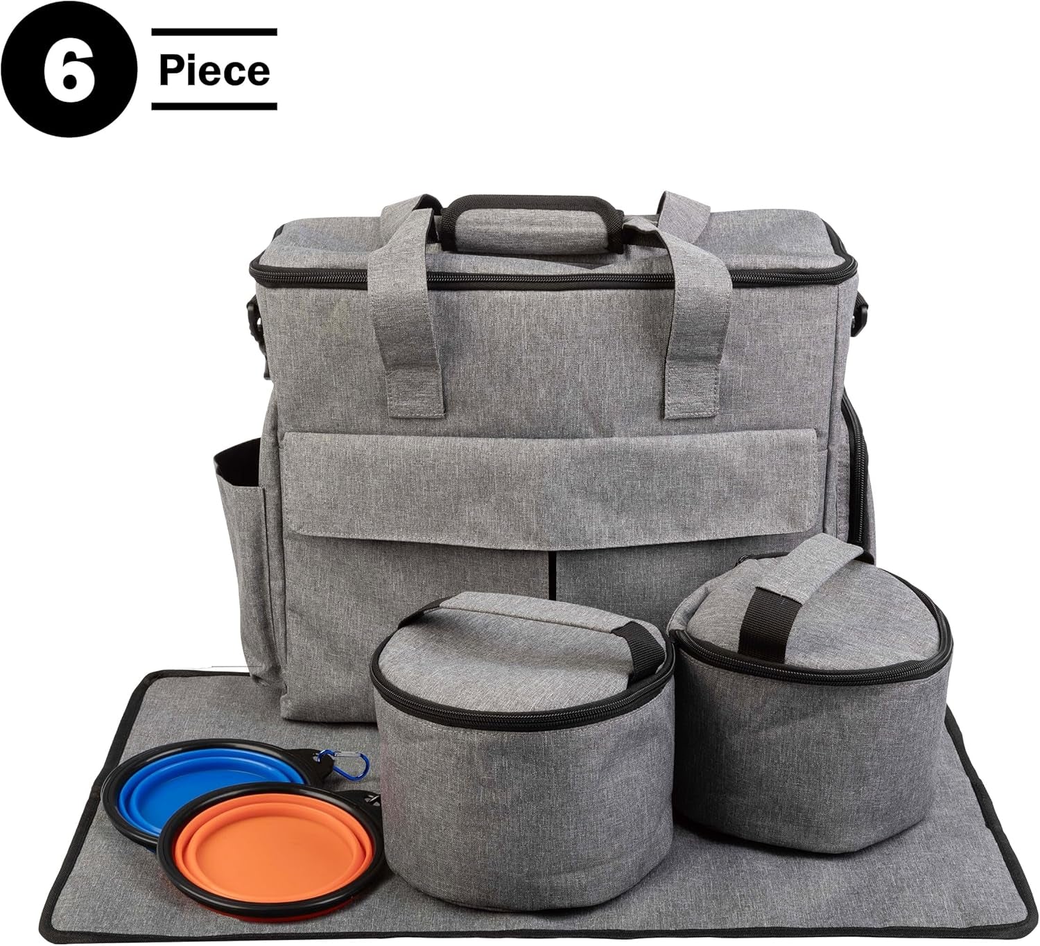 Dog Travel Bag - Cat and Dog Storage Organizer with Pockets, Mat, 2 Food Containers, and 2 Large Collapsible Travel Pet Bowls by  (Gray)