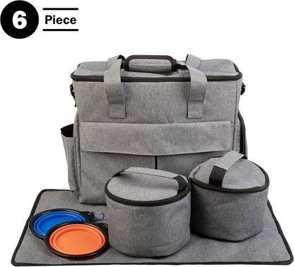 Dog Travel Bag - Cat and Dog Storage Organizer with Pockets, Mat, 2 Food Containers, and 2 Large Collapsible Travel Pet Bowls by  (Gray)