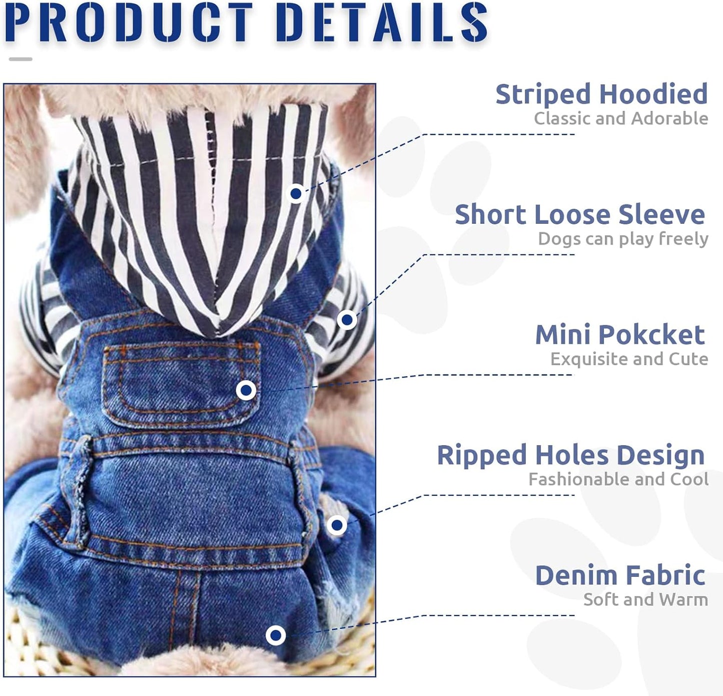Small Dog Hoodie Clothes Cute Stripe Shirts Denim Jumpsuit One-Piece Outfit for Small Medium Dogs Cats Boy Girl Chihuahua Blue Jeans Overalls Puppy Costume (Blue,Xs)