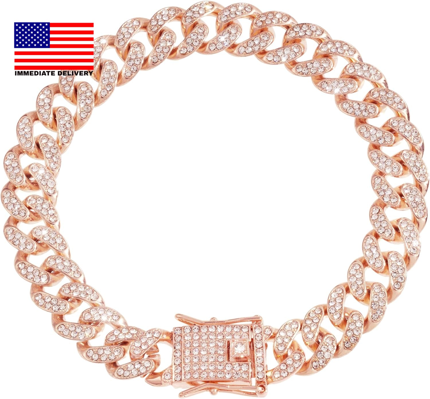 Dog Chain Cuban Diamond Link Rose Gold Pink Crystal Collar Jewelry Accessories P