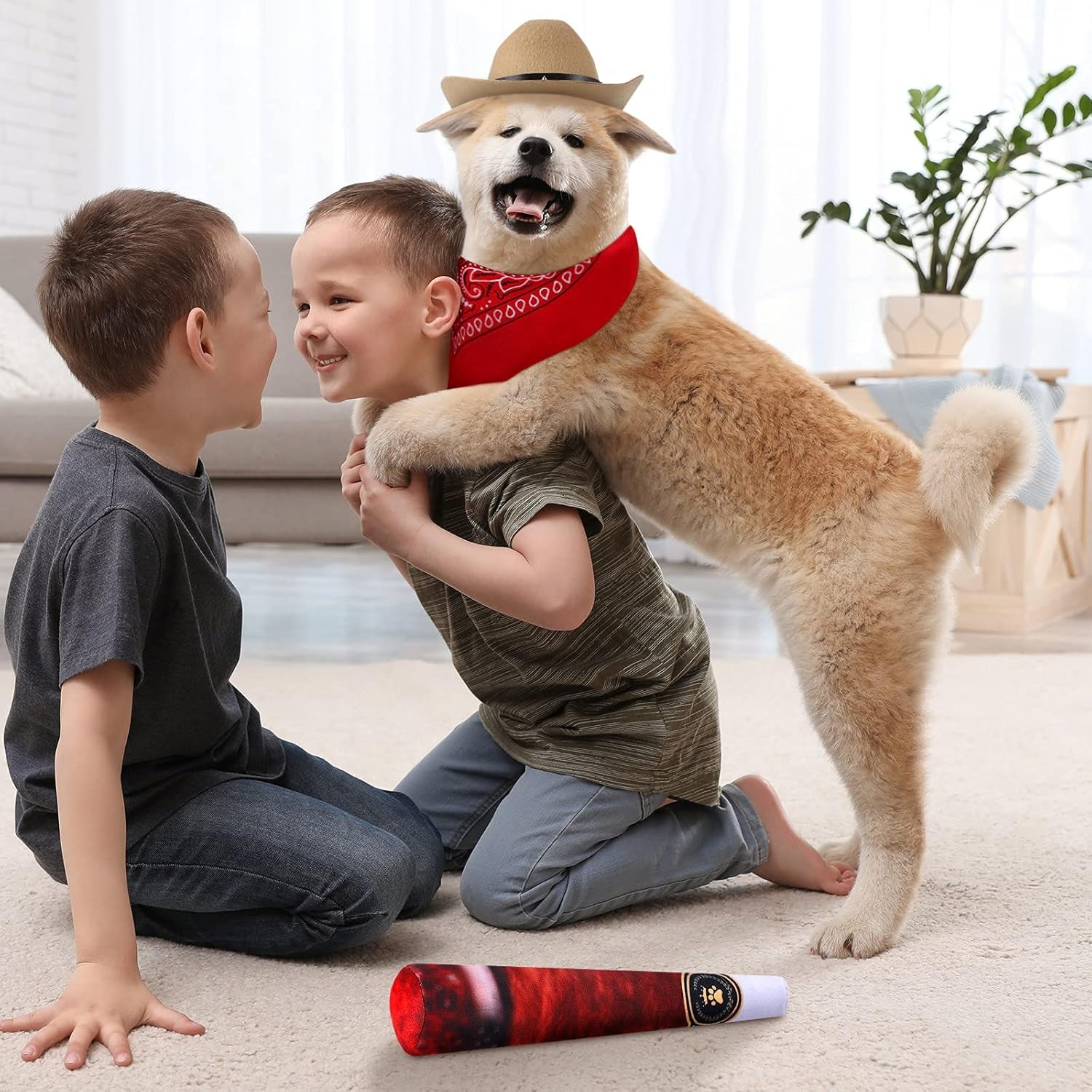 3 Pieces Funny Dog Toys Cool Squeaky Dog Toys Pet Cowboy Costume Cute Pet Dog Cat Hat Bandana Scarf Costume Set for Halloween Christmas Holiday Festival Daily Wearing (Red)