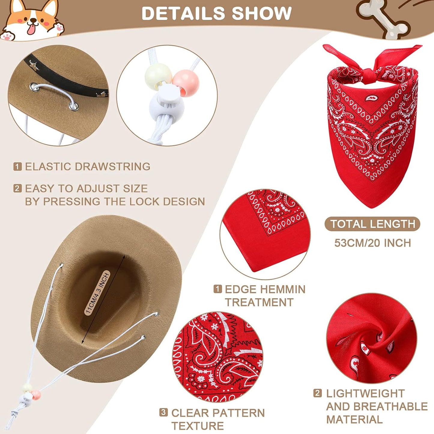 3 Pieces Funny Dog Toys Cool Squeaky Dog Toys Pet Cowboy Costume Cute Pet Dog Cat Hat Bandana Scarf Costume Set for Halloween Christmas Holiday Festival Daily Wearing (Red)