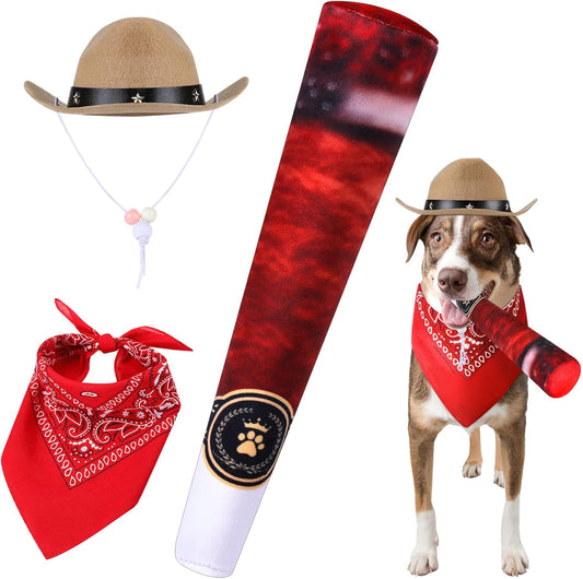 3 Pieces Funny Dog Toys Cool Squeaky Dog Toys Pet Cowboy Costume Cute Pet Dog Cat Hat Bandana Scarf Costume Set for Halloween Christmas Holiday Festival Daily Wearing (Red)