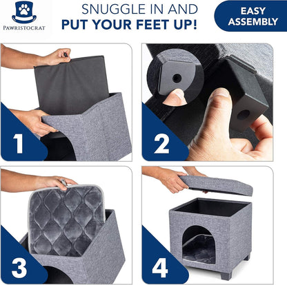 Cat Bed - Unique Pet House Ottoman with Tray Table - Folding Footrest Seat - Large Cat Cube Condo - Pet Beds for Cats and Small Dogs with Fully Washable Mat - Navy Cube 15.75X15.75