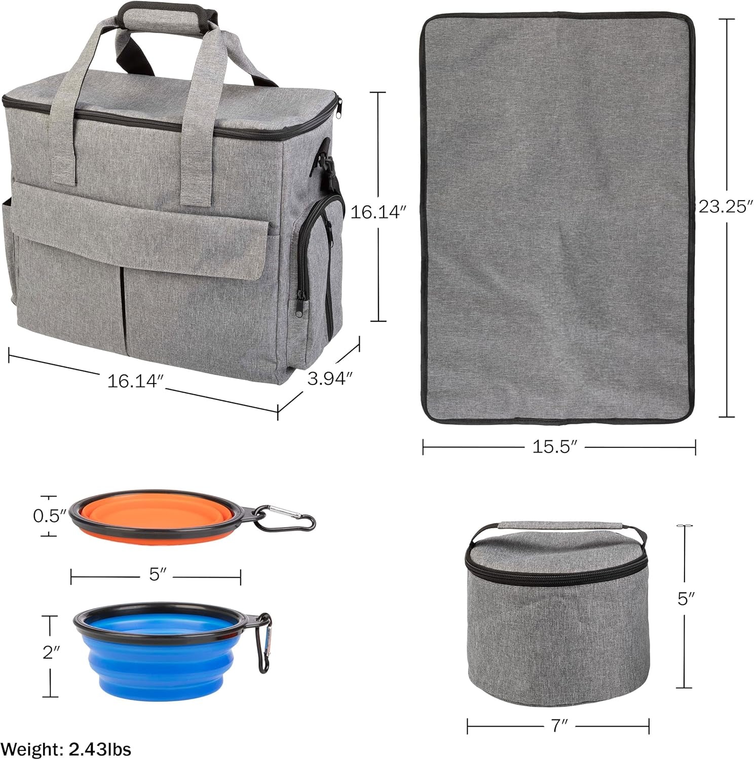 Dog Travel Bag - Cat and Dog Storage Organizer with Pockets, Mat, 2 Food Containers, and 2 Large Collapsible Travel Dog Bowls by  (Gray)