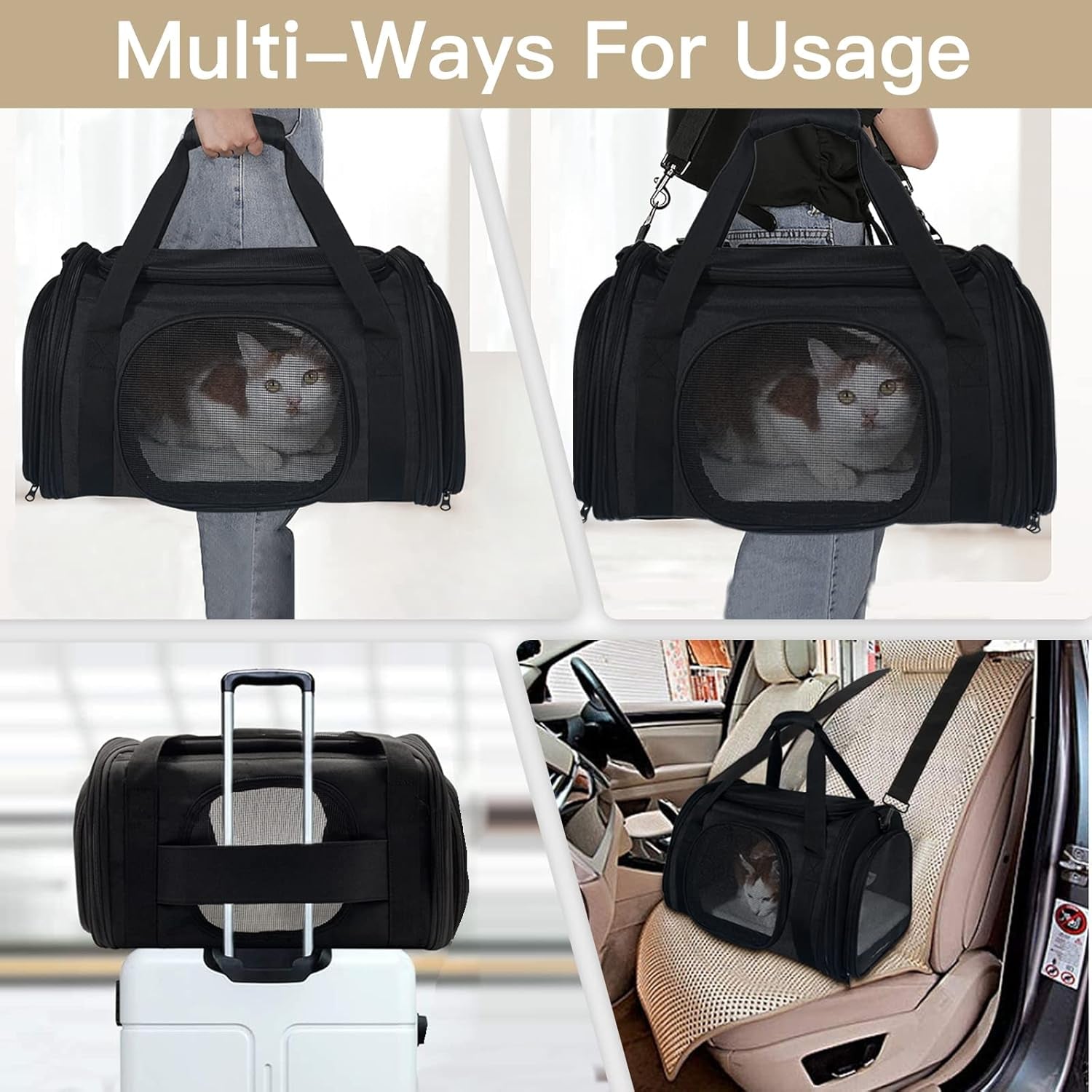 Cat Carrier Airline Approved, Pet Carrier for Small Dog Cats, 5 Ventilation Mesh, 4 Doors, Double Safety Zipper, Foldable Fabric