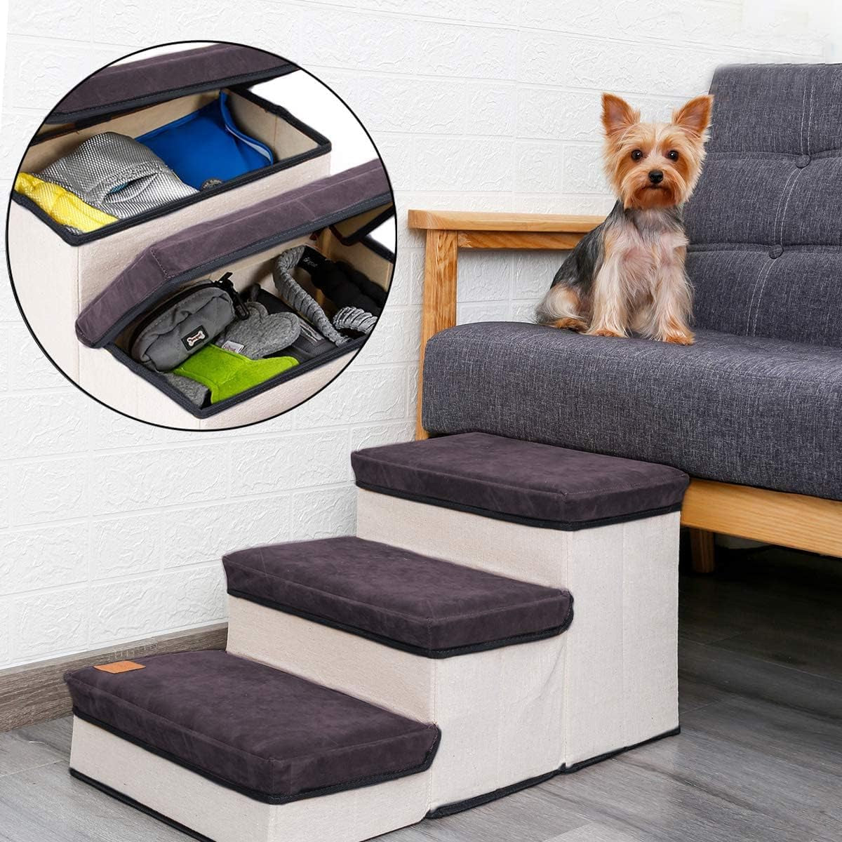 Dog Stairs Steps, Foldable Pet Stairs Dog Steps for High Beds, 3-Layer Pet Storage Stepper Pet Steps for Small Dogs Cats (Dark Grey)