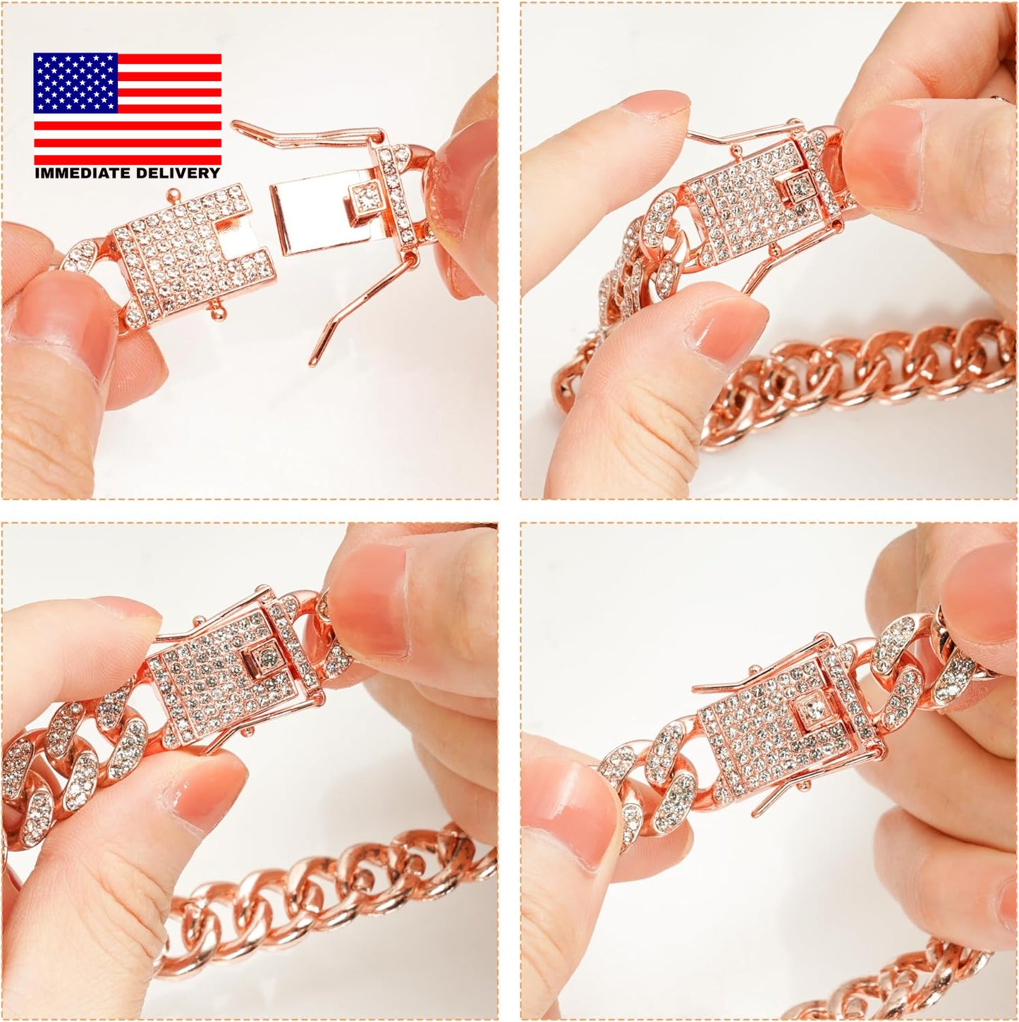 Dog Chain Cuban Diamond Link Rose Gold Pink Crystal Collar Jewelry Accessories P