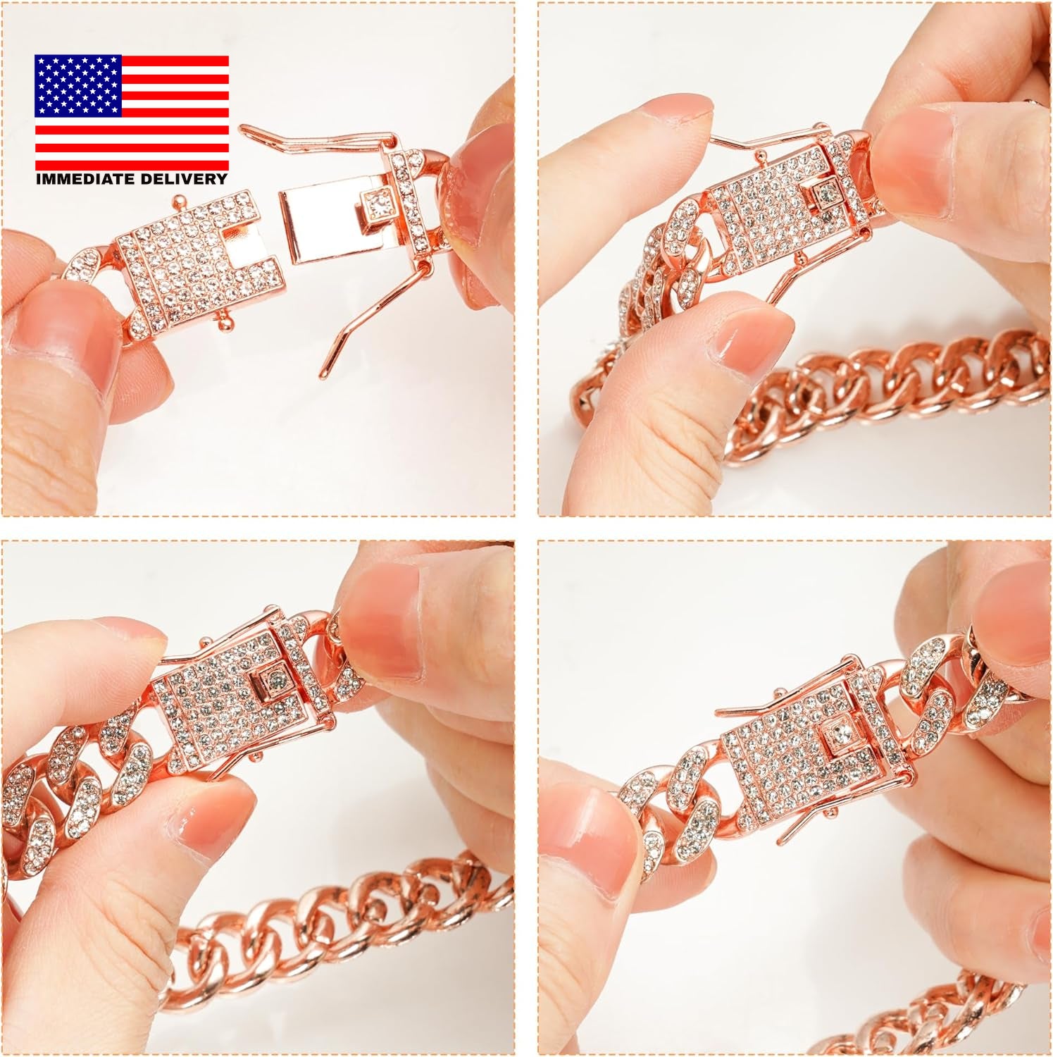 Dog Chain Cuban Diamond Link Rose Gold Pink Crystal Collar Jewelry Accessories P