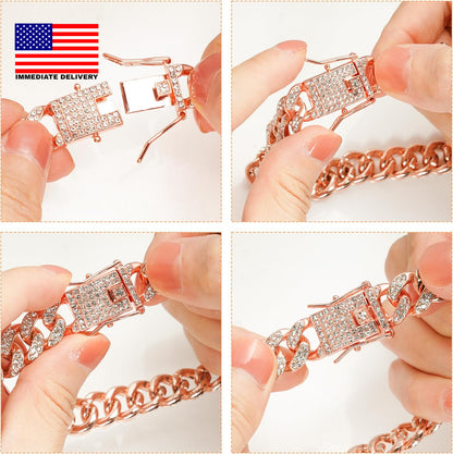 Dog Chain Cuban Diamond Link Rose Gold Pink Crystal Collar Jewelry Accessories P