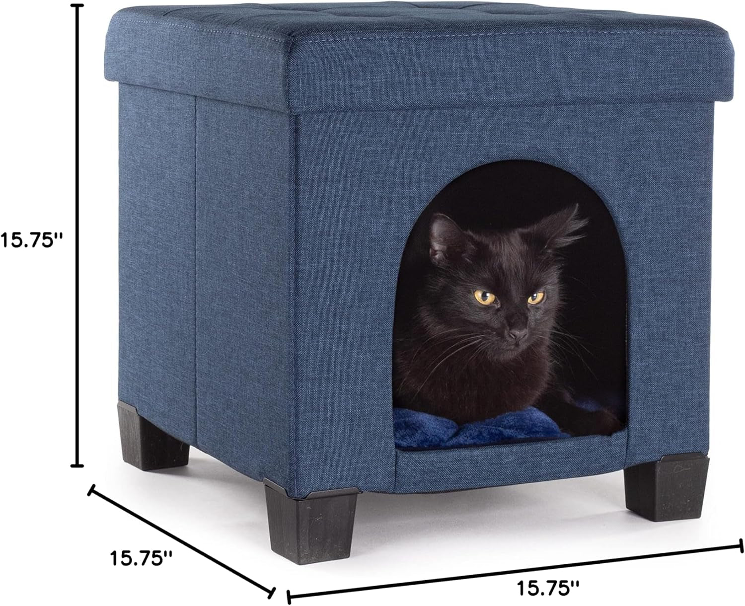 Cat Bed - Unique Pet House Ottoman with Tray Table - Folding Footrest Seat - Large Cat Cube Condo - Pet Beds for Cats and Small Dogs with Fully Washable Mat - Navy Cube 15.75X15.75