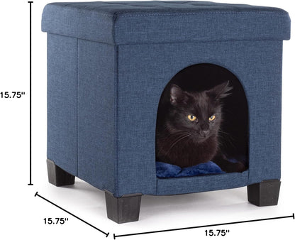 Cat Bed - Unique Pet House Ottoman with Tray Table - Folding Footrest Seat - Large Cat Cube Condo - Pet Beds for Cats and Small Dogs with Fully Washable Mat - Navy Cube 15.75X15.75