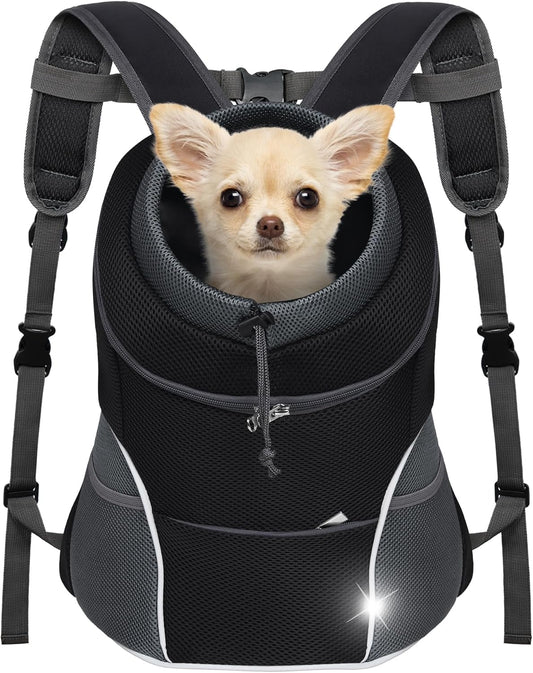 Dog Front Carrier Backpack, Adjustable Breathable Pet Carrier for Small Dogs, Ventilated Puppy Back Pack with Safety Belt, Lightweight Doggy Backpack for Hiking Outdoor (Black, M: 4.5-9 Lbs)