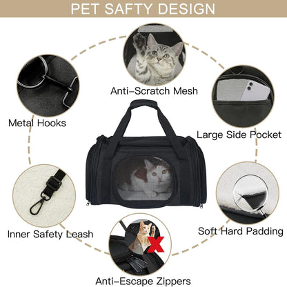 Cat Carrier Airline Approved, Pet Carrier for Small Dog Cats, 5 Ventilation Mesh, 4 Doors, Double Safety Zipper, Foldable Fabric