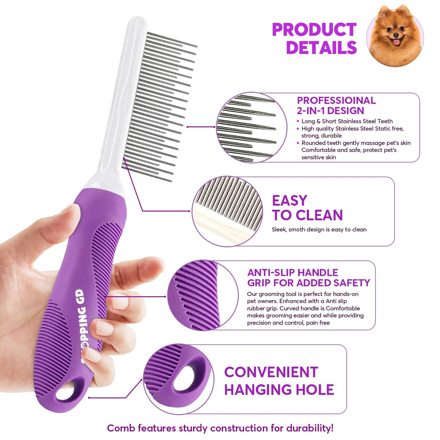 Detangling Pet Comb for Dogs & Cats with Long & Short Stainless Steel Metal Teet