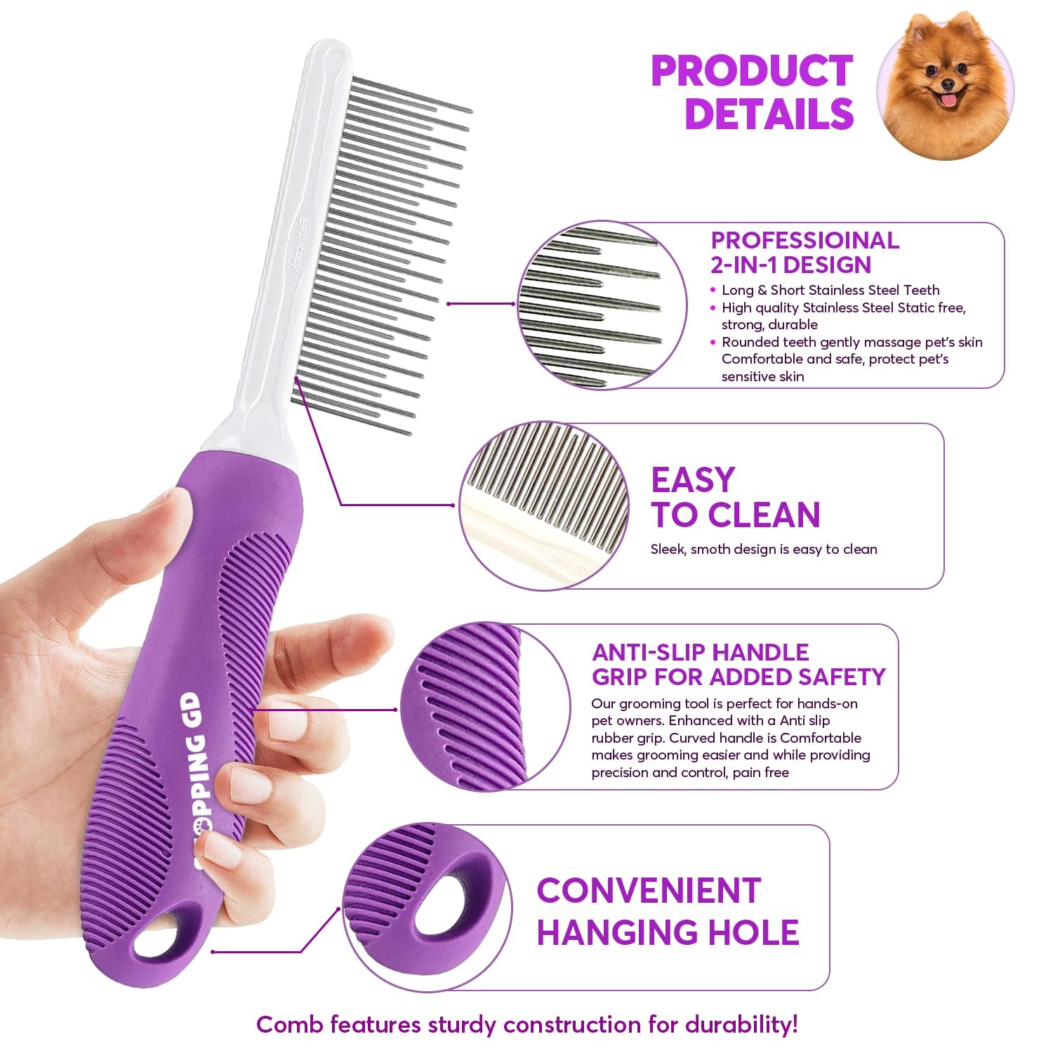 Detangling Pet Comb for Dogs & Cats with Long & Short Stainless Steel Metal Teet