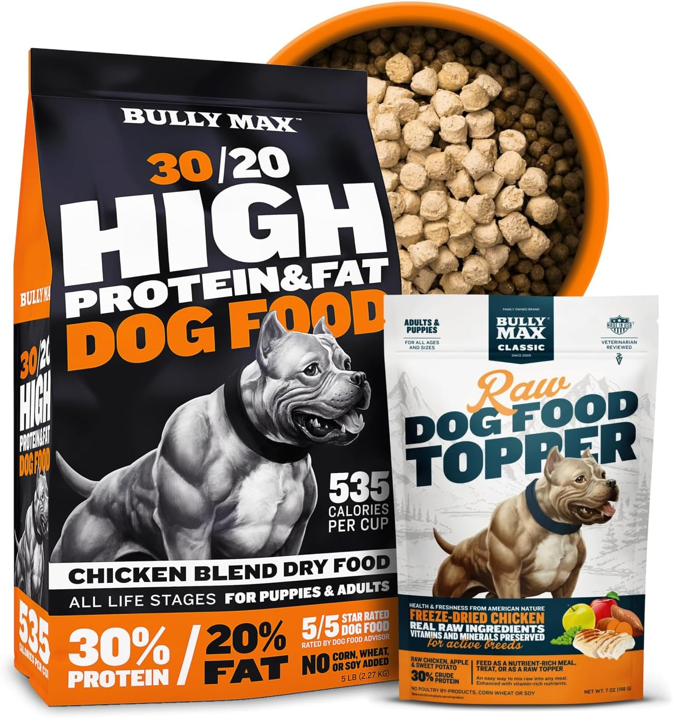 High Performance Premium Dry Dog Food 15 Lbs. & 1 Bag Freeze-Dried Raw Dog Food Chicken Toppers Bundle - Ultimate Muscle Gain Canine Nutrition for Small & Large Breed Puppies & Adult Dogs