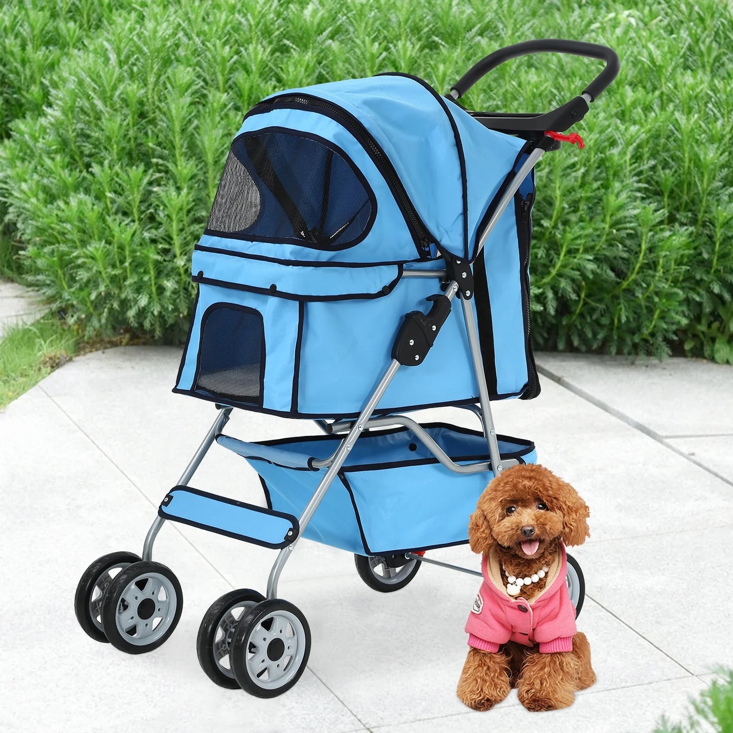 4 Wheels Pet Stroller Foldable Dog Stroller Cat Stroller with Cup Holders& Storage Basket for Small Medium Dogs, Blue