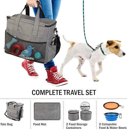 Dog Travel Bag - Cat and Dog Storage Organizer with Pockets, Mat, 2 Food Containers, and 2 Large Collapsible Travel Pet Bowls by  (Gray)
