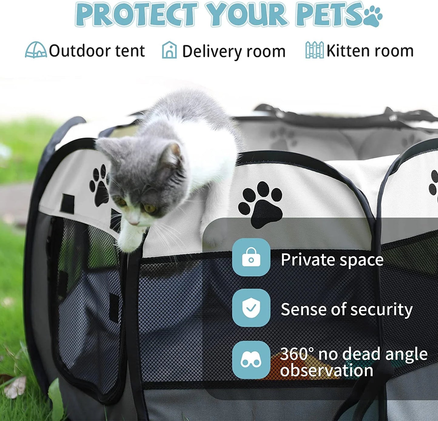 Large Cat Playpen Dog Playpen Cat Tent Puppy Playpen Indooor, Cat Cage Indoor with Mesh Outdoor Kitten Playpen for Indoor Cats Pen for Puppys Small Dogs,White & Gray