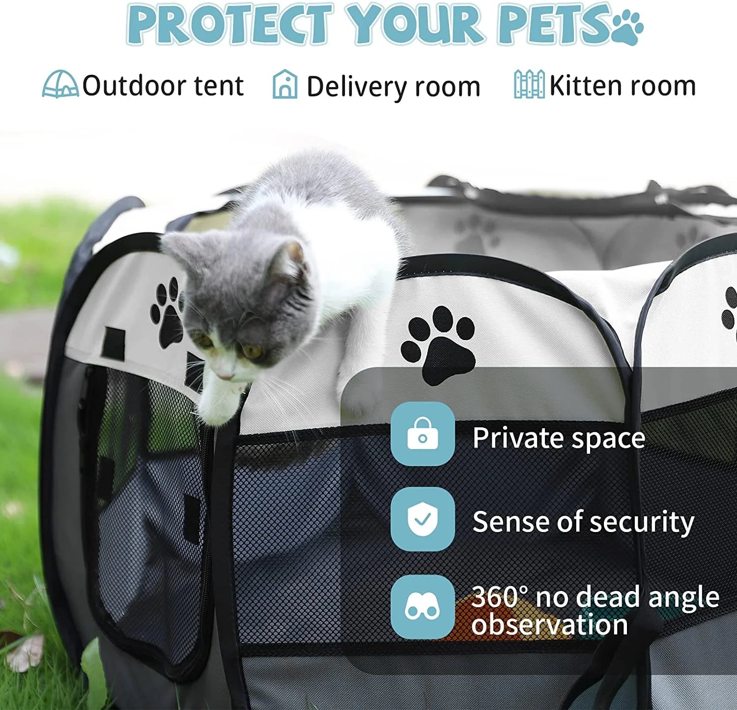 Large Cat Playpen Dog Playpen Cat Tent Puppy Playpen Indooor, Cat Cage Indoor with Mesh Outdoor Kitten Playpen for Indoor Cats Pen for Puppys Small Dogs,White & Gray