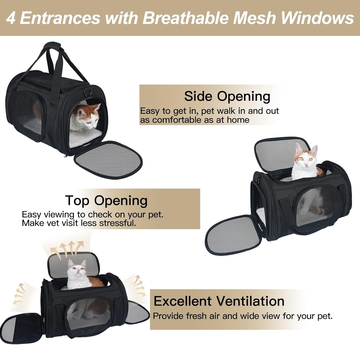Cat Carrier Airline Approved, Pet Carrier for Small Dog Cats, 5 Ventilation Mesh, 4 Doors, Double Safety Zipper, Foldable Fabric