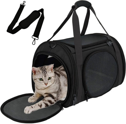 Cat Carrier Airline Approved, Pet Carrier for Small Dog Cats, 5 Ventilation Mesh, 4 Doors, Double Safety Zipper, Foldable Fabric