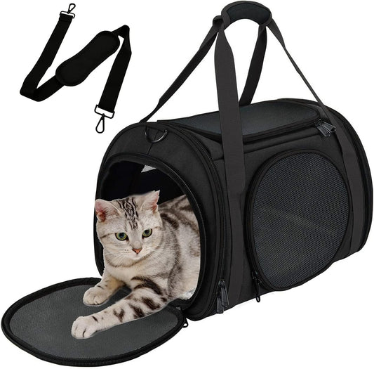 Cat Carrier Airline Approved, Pet Carrier for Small Dog Cats, 5 Ventilation Mesh, 4 Doors, Double Safety Zipper, Foldable Fabric