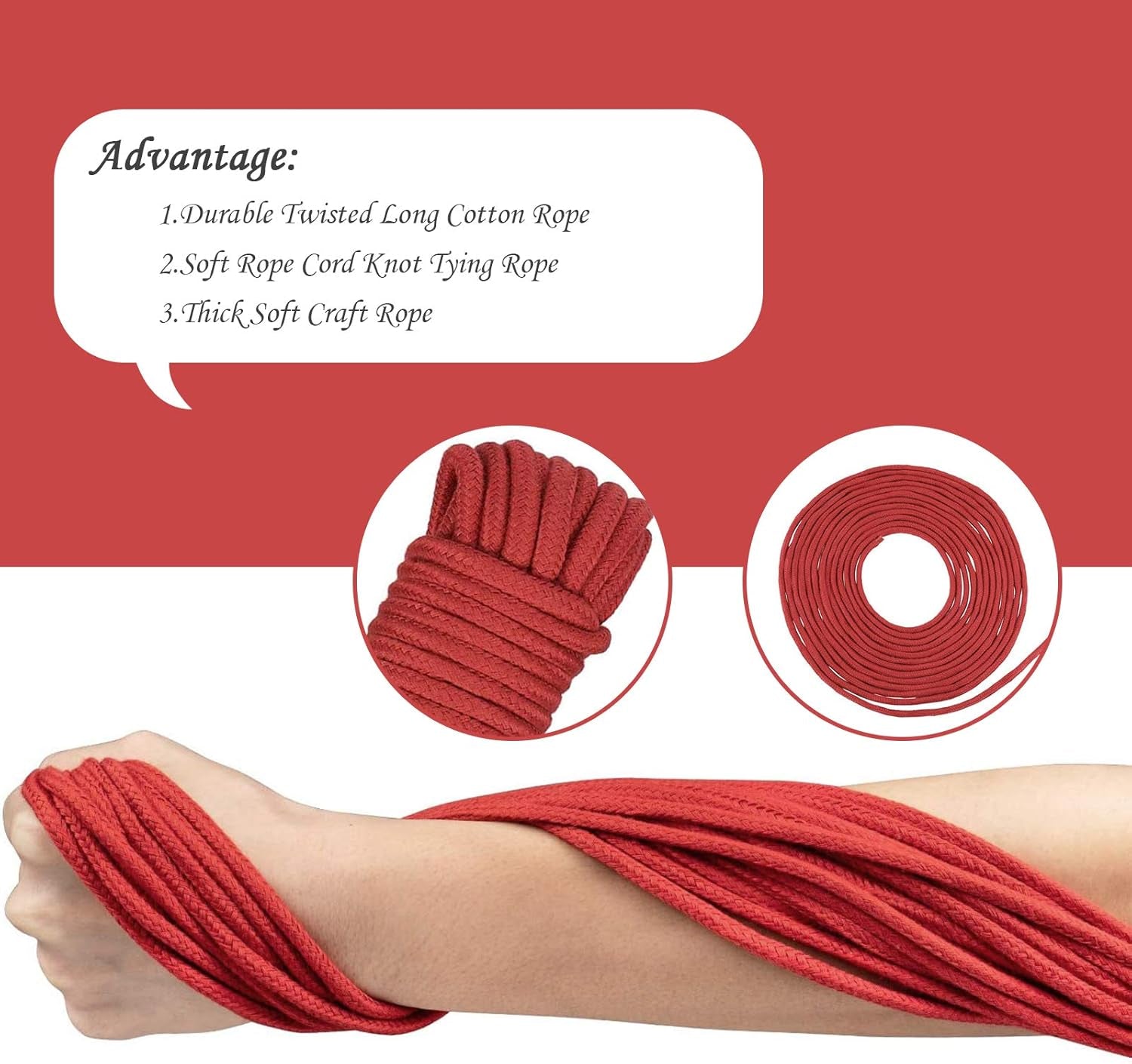 TONG&YA 2 Pack Soft Cotton Rope, Multipurpose Durable Long Rope Craft Colored Rope, 32 Feet10M Soft Twisted Cotton Knot Tying Rope Cord, Utility Braided Cotton Rope (Black+Red)