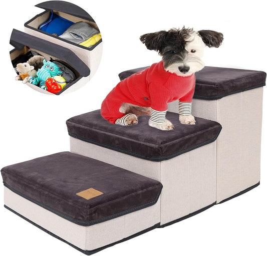 Dog Stairs Steps, Foldable Pet Stairs Dog Steps for High Beds, 3-Layer Pet Storage Stepper Pet Steps for Small Dogs Cats (Dark Grey)