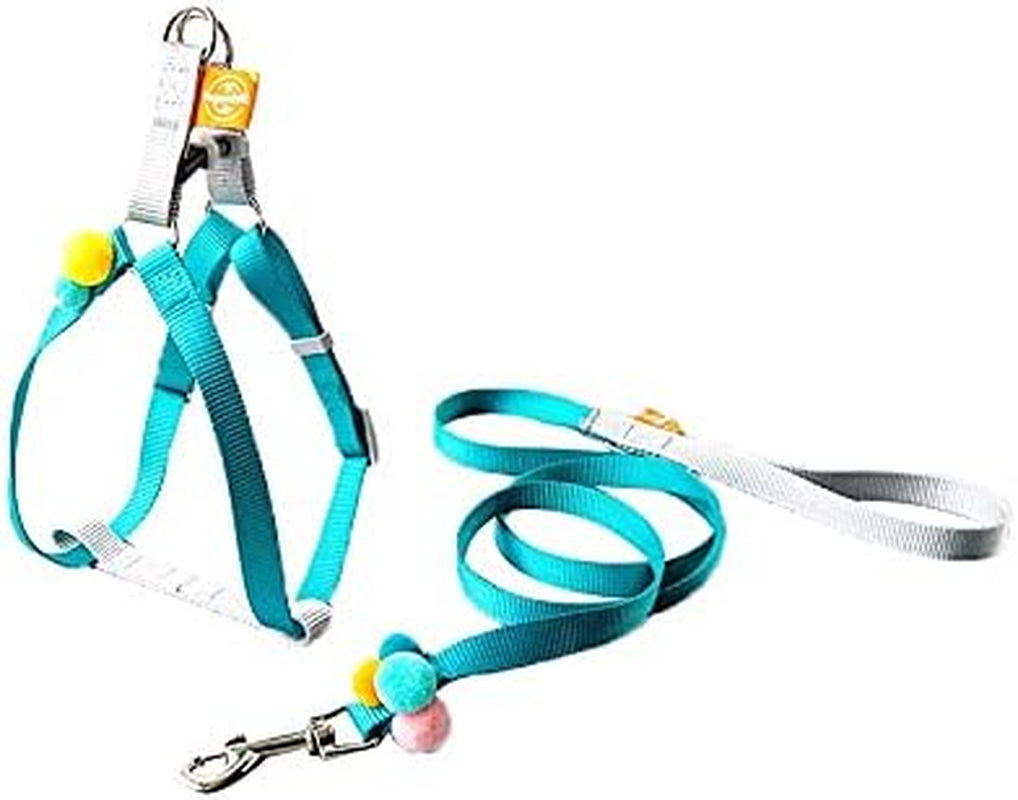 Puppy Cat Step-In Harness and Leash Set Escape Proof, Pink Blue and Yellow with Cute Furry Ball, No Pull Halter Adjustable for Little Dog Puppy Cat Rabbit,Baby Blue XS