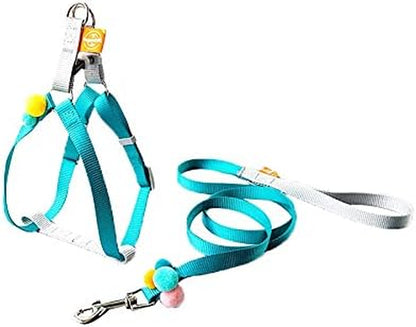 Puppy Cat Step-In Harness and Leash Set Escape Proof, Pink Blue and Yellow with Cute Furry Ball, No Pull Halter Adjustable for Little Dog Puppy Cat Rabbit,Baby Blue XS